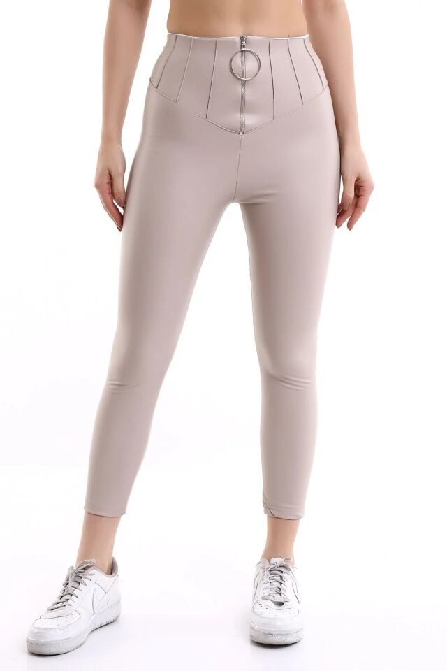 Fermuarlı Yüksek Bel Power Likra suni Deri Tayt M - EKRU