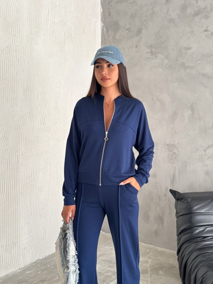 Kadın Hakim Yaka Fermuarlı Modal Kumaş Alt Üst Takım 2371 XL - LACİVERT