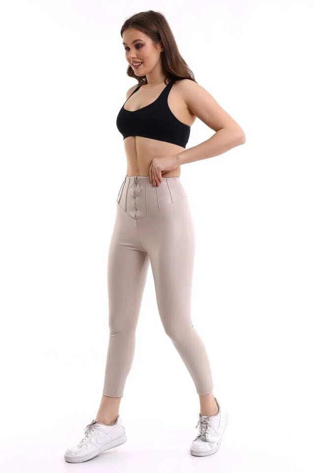 Fermuarlı Yüksek Bel Power Likra suni Deri Tayt M - EKRU