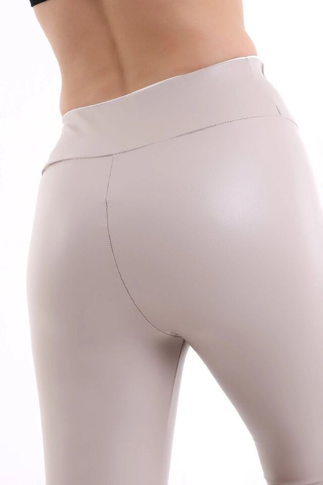 Fermuarlı Yüksek Bel Power Likra suni Deri Tayt M - EKRU