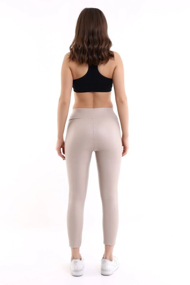 Fermuarlı Yüksek Bel Power Likra suni Deri Tayt M - EKRU