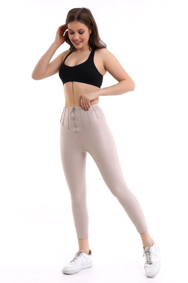 Fermuarlı Yüksek Bel Power Likra suni Deri Tayt M - EKRU