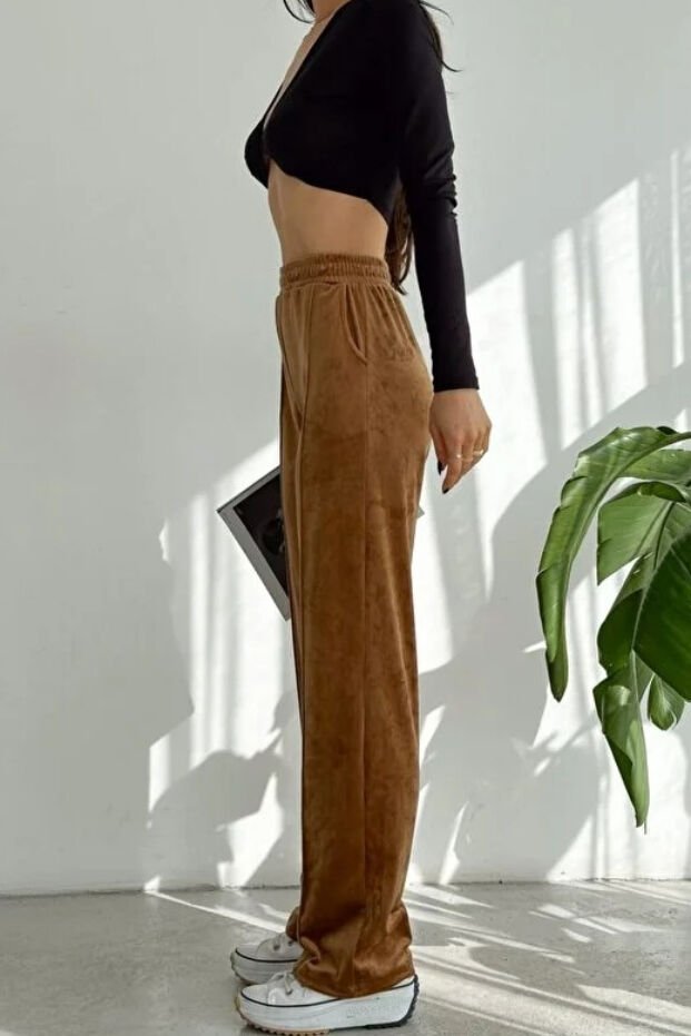 Kadın Geniş Paça Max Boy Kadife Pantolon 2251 M - KAHVERENGİ