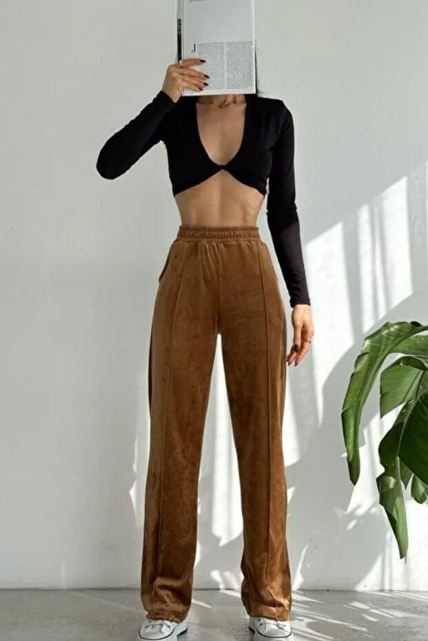 Kadın Geniş Paça Max Boy Kadife Pantolon 2251 XL - KAHVERENGİ