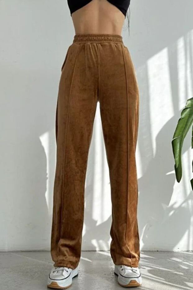 Kadın Geniş Paça Max Boy Kadife Pantolon 2251 XL - KAHVERENGİ