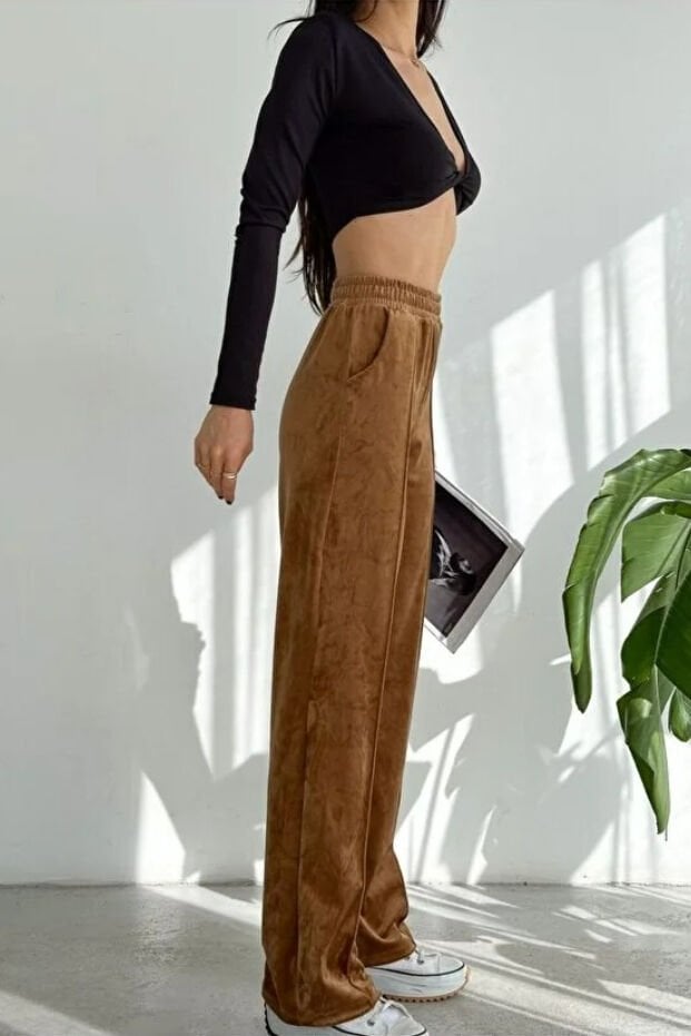 Kadın Geniş Paça Max Boy Kadife Pantolon 2251 XL - KAHVERENGİ