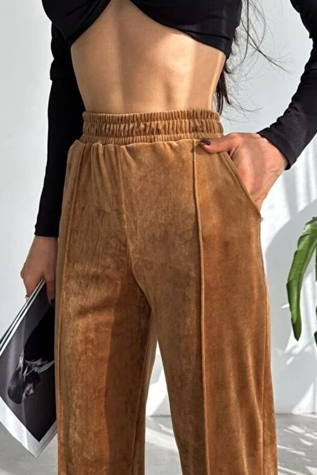 Kadın Geniş Paça Max Boy Kadife Pantolon 2251 XL - KAHVERENGİ