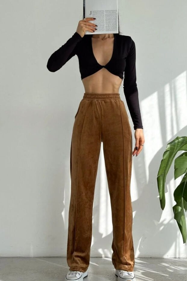 Kadın Geniş Paça Max Boy Kadife Pantolon 2251 XL - KAHVERENGİ