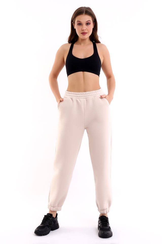 Kadın İçi Şardonlu 3'iplik  Jogger Kalın Kumaş Eşofman Altı M - EKRU