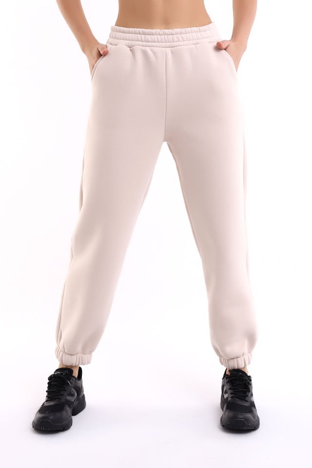 Kadın İçi Şardonlu 3'iplik  Jogger Kalın Kumaş Eşofman Altı M - EKRU