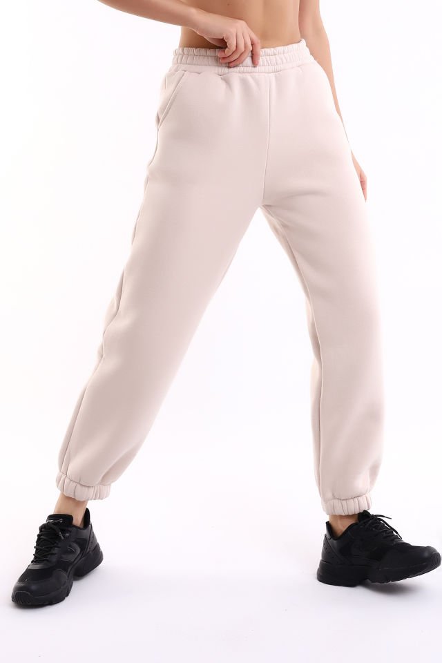 Kadın İçi Şardonlu 3'iplik  Jogger Kalın Kumaş Eşofman Altı M - EKRU