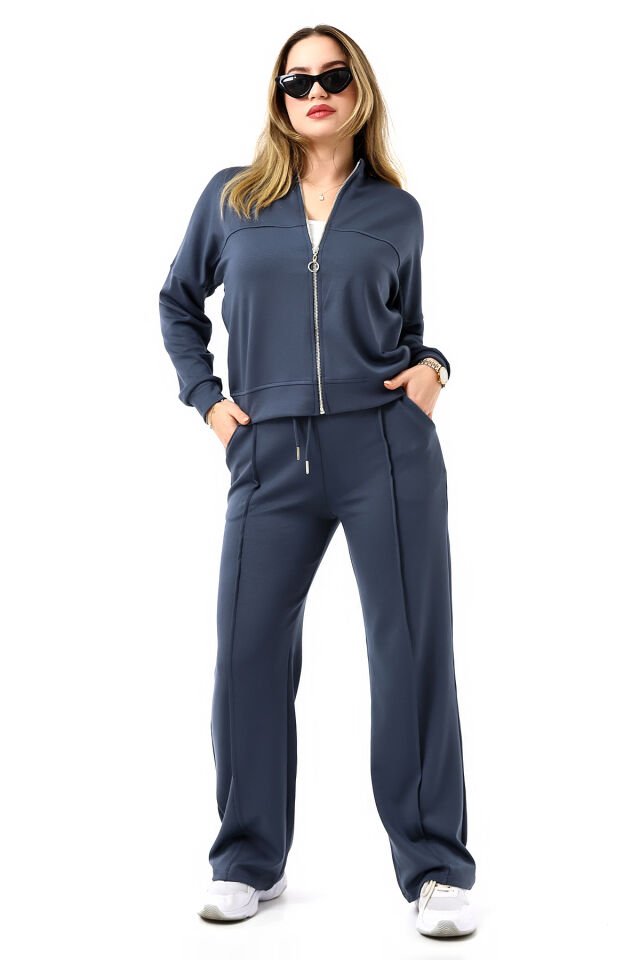 Kadın Hakim Yaka Fermuarlı Modal Kumaş Alt Üst Takım 2371 XL - FÜME