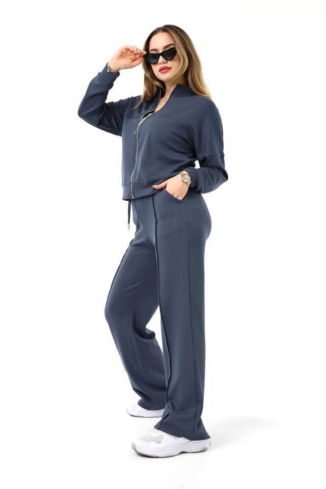 Kadın Hakim Yaka Fermuarlı Modal Kumaş Alt Üst Takım 2371 XL - FÜME