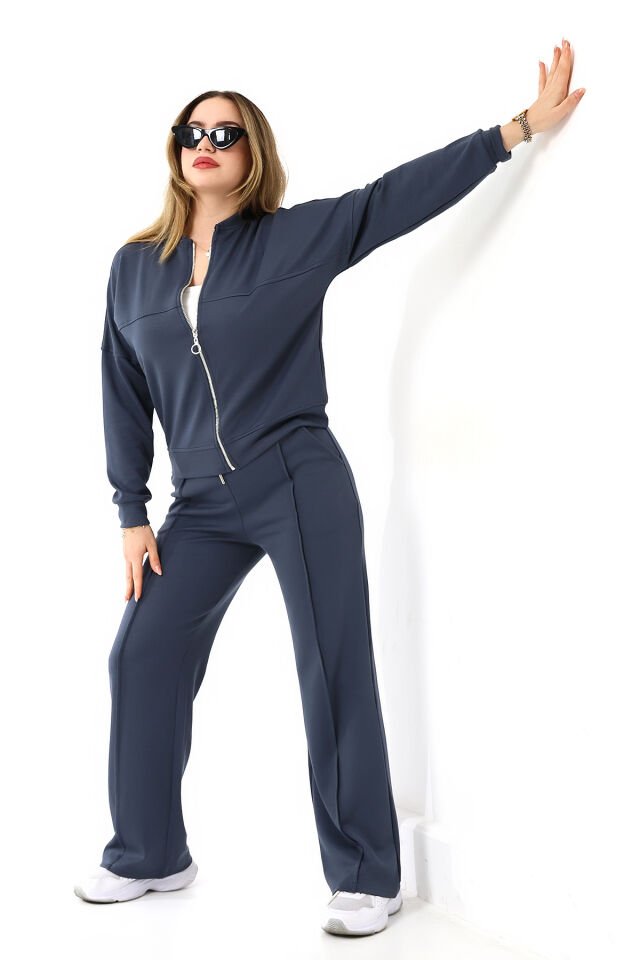 Kadın Hakim Yaka Fermuarlı Modal Kumaş Alt Üst Takım 2371 XL - FÜME