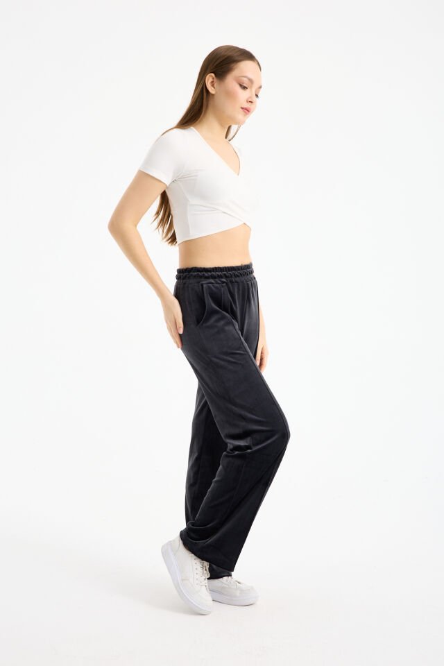 Kadın Geniş Paça Max Boy Kadife Pantolon 2251 XS - KÜLSİYAH