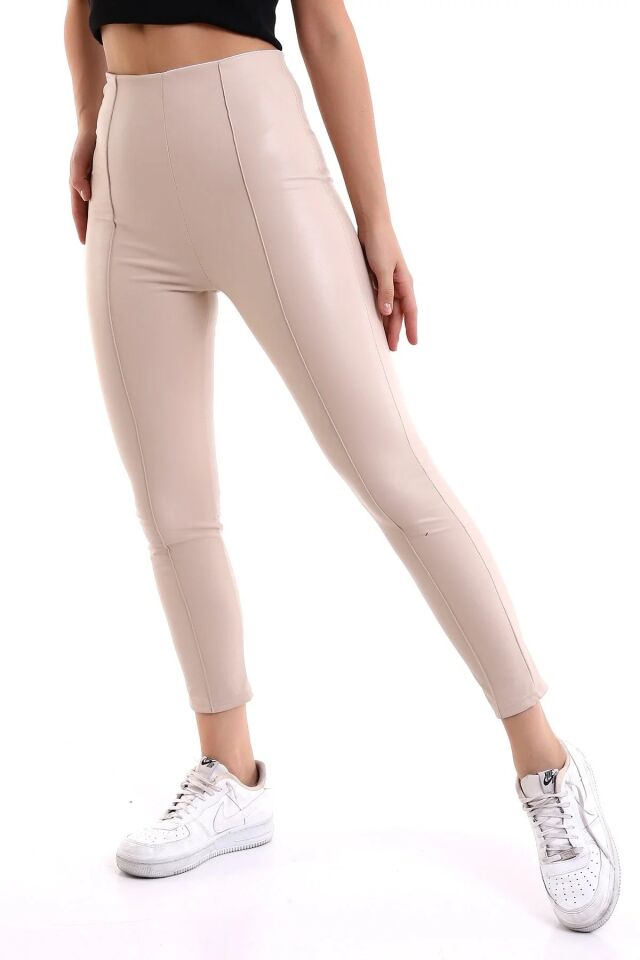 Ön Dikişli Yüksek Bel Suni Deri Tayt XL - EKRU