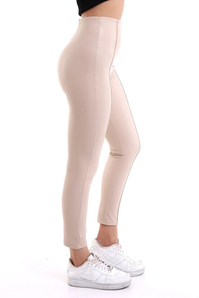 Ön Dikişli Yüksek Bel Suni Deri Tayt XL - EKRU