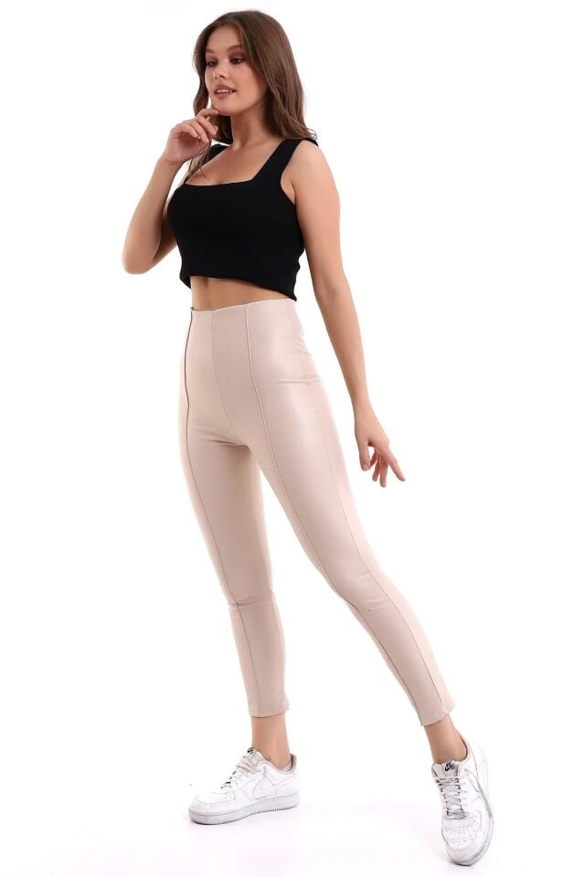 Ön Dikişli Yüksek Bel Suni Deri Tayt XL - EKRU