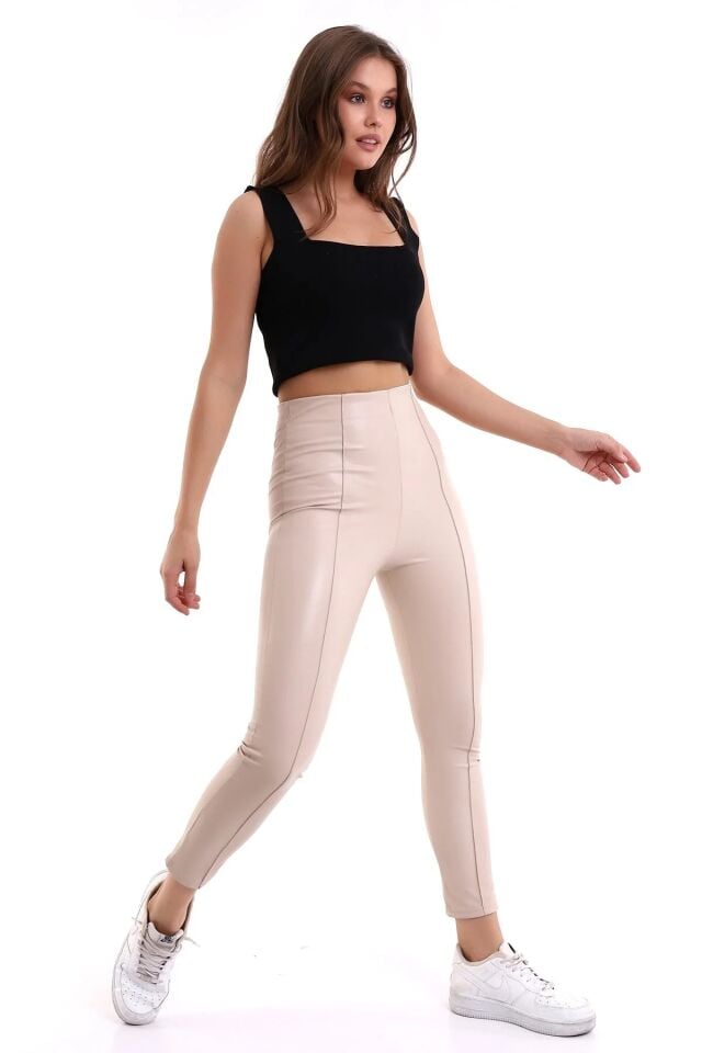 Ön Dikişli Yüksek Bel Suni Deri Tayt XL - EKRU