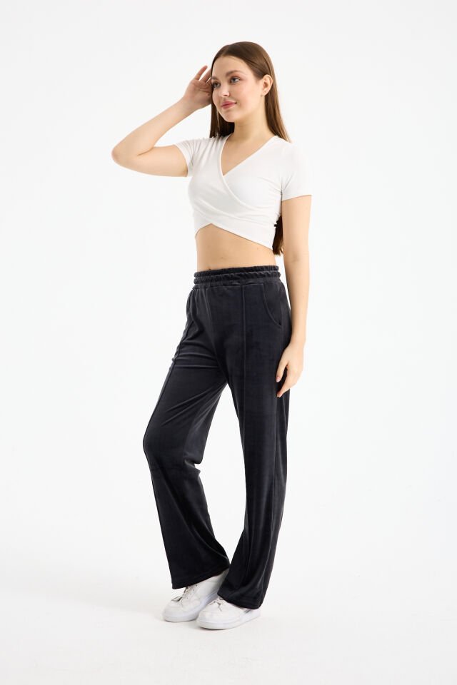 Kadın Geniş Paça Max Boy Kadife Pantolon 2251 M - KÜLSİYAH