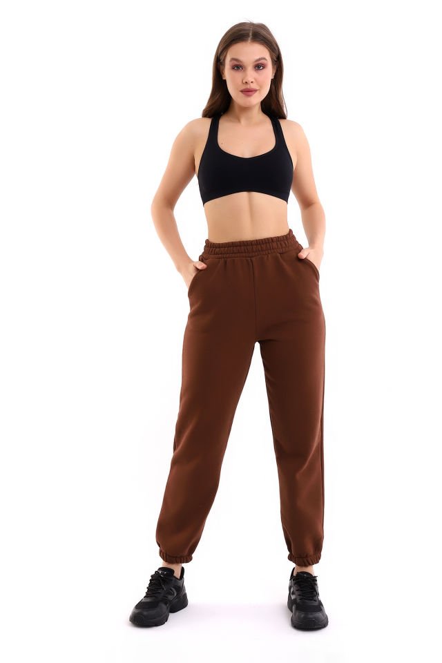 Kadın İçi Şardonlu 3'iplik  Jogger Kalın Kumaş Eşofman Altı S - ACI KAHVE