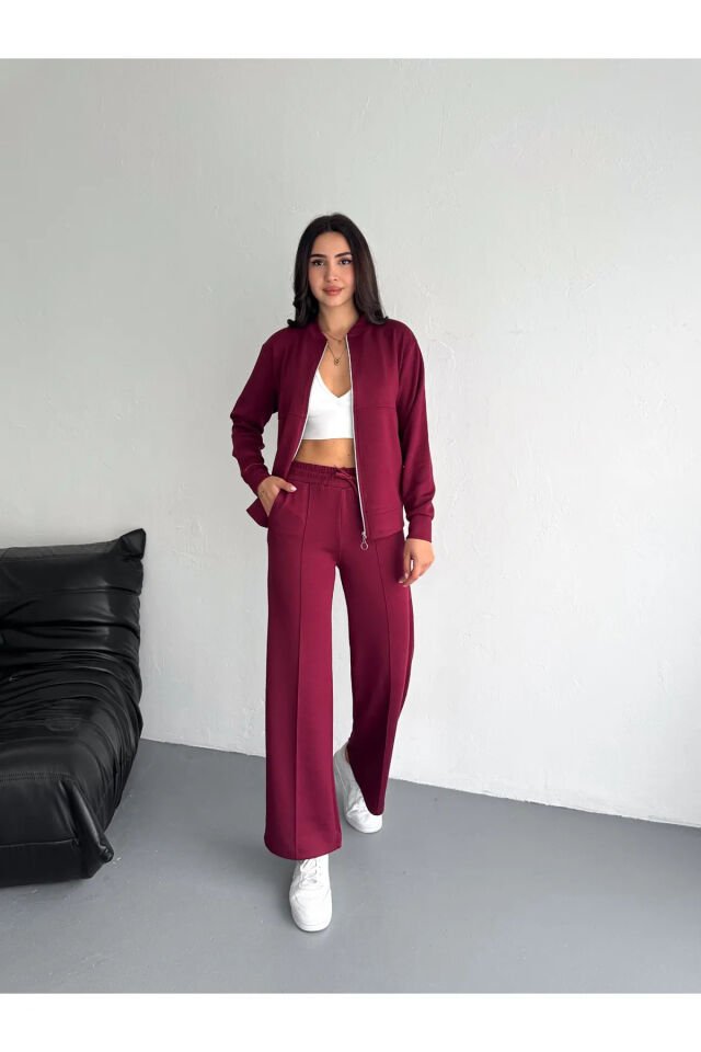 Kadın Hakim Yaka Fermuarlı Modal Kumaş Alt Üst Takım 2371 XL - BORDO