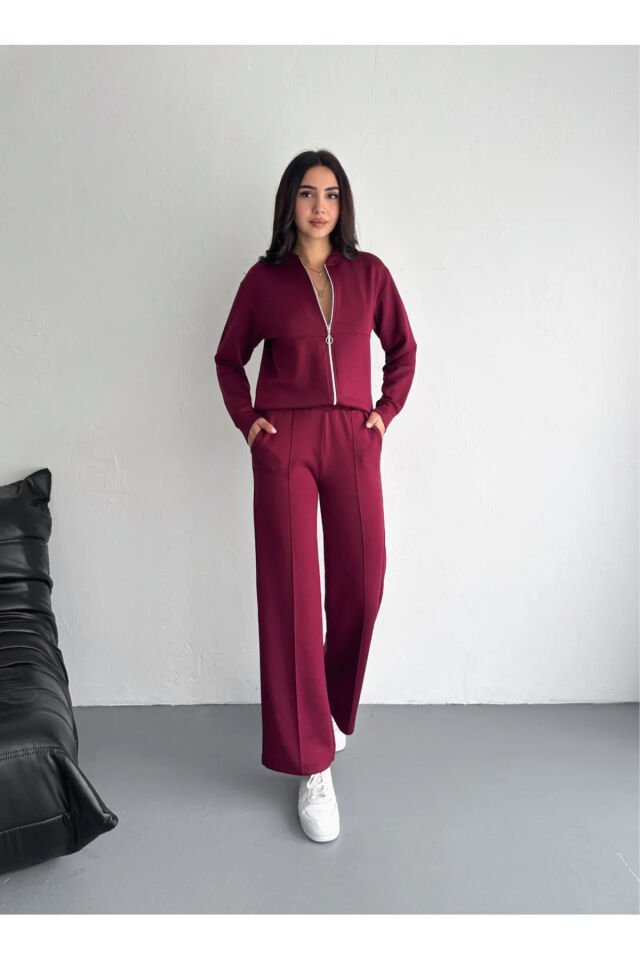 Kadın Hakim Yaka Fermuarlı Modal Kumaş Alt Üst Takım 2371 XL - BORDO