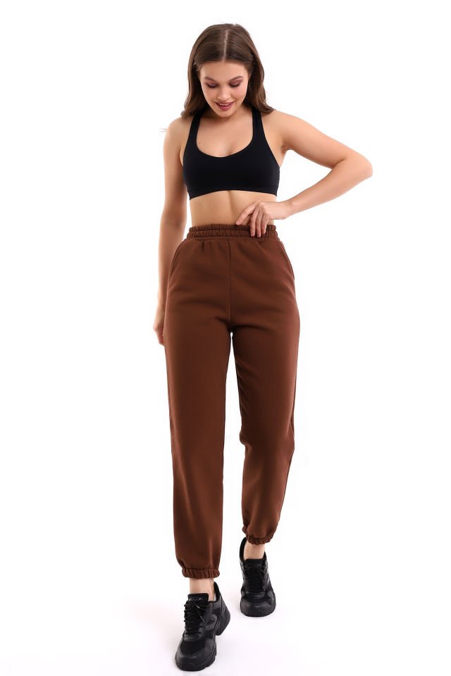 Kadın İçi Şardonlu 3'iplik  Jogger Kalın Kumaş Eşofman Altı M - ACI KAHVE