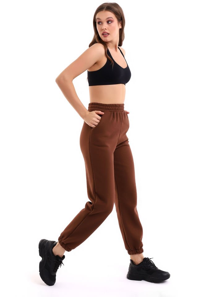 Kadın İçi Şardonlu 3'iplik  Jogger Kalın Kumaş Eşofman Altı M - ACI KAHVE