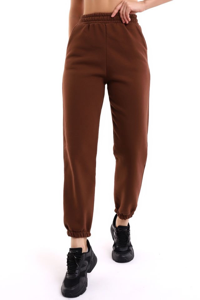 Kadın İçi Şardonlu 3'iplik  Jogger Kalın Kumaş Eşofman Altı M - ACI KAHVE