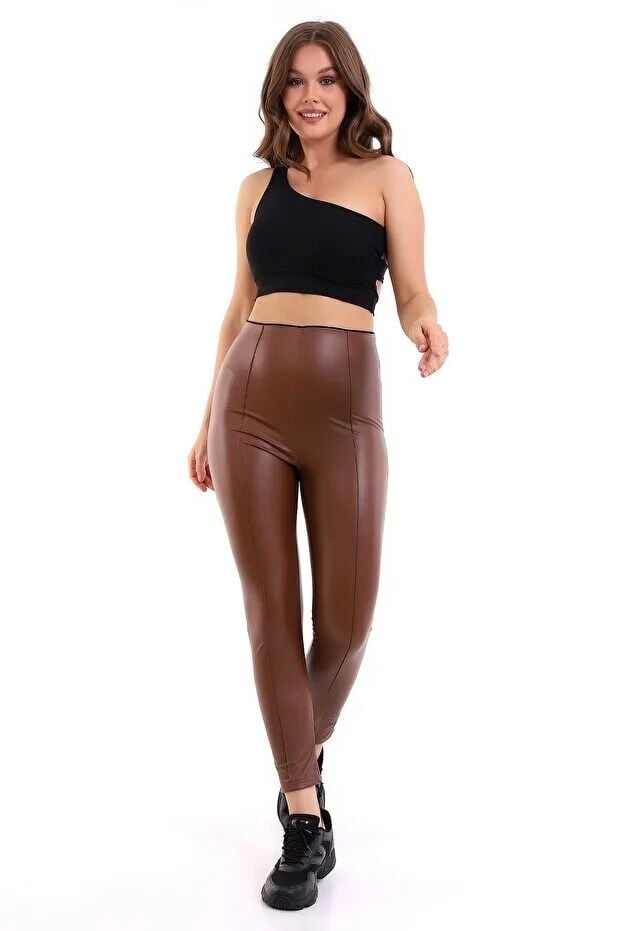Ön Dikişli Yüksek Bel Suni Deri Tayt XL - KAHVERENGİ