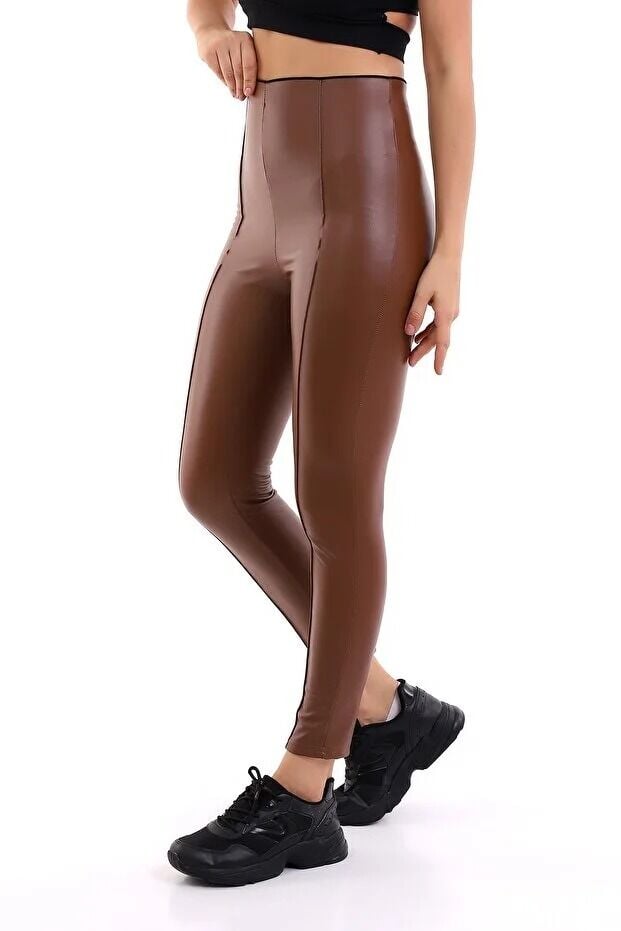 Ön Dikişli Yüksek Bel Suni Deri Tayt XL - KAHVERENGİ