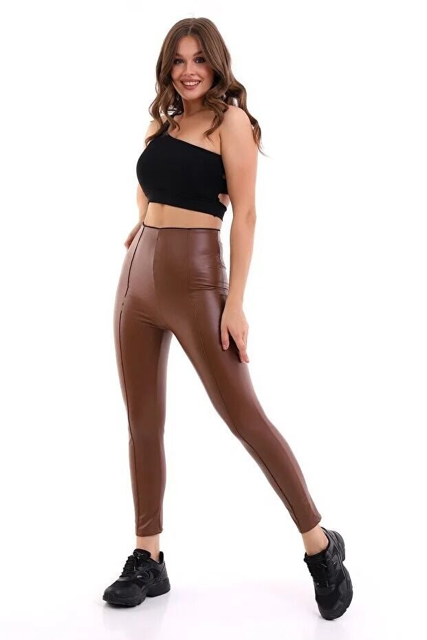 Ön Dikişli Yüksek Bel Suni Deri Tayt XL - KAHVERENGİ