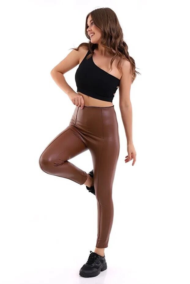 Ön Dikişli Yüksek Bel Suni Deri Tayt XL - KAHVERENGİ