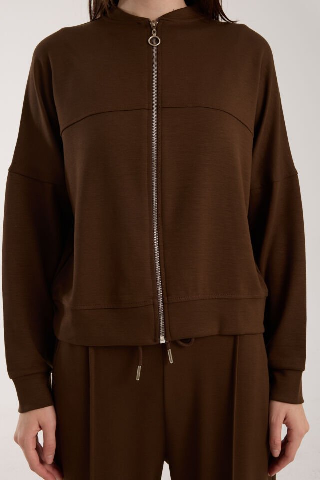 Kadın Hakim Yaka Fermuarlı Modal Kumaş Alt Üst Takım 2371 XL - KAHVERENGİ