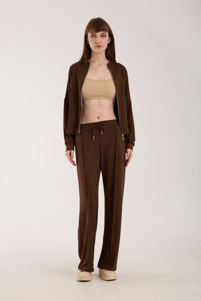 Kadın Hakim Yaka Fermuarlı Modal Kumaş Alt Üst Takım 2371 XL - KAHVERENGİ