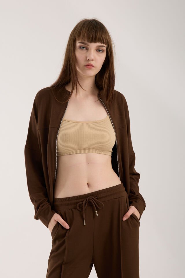 Kadın Hakim Yaka Fermuarlı Modal Kumaş Alt Üst Takım 2371 XL - KAHVERENGİ