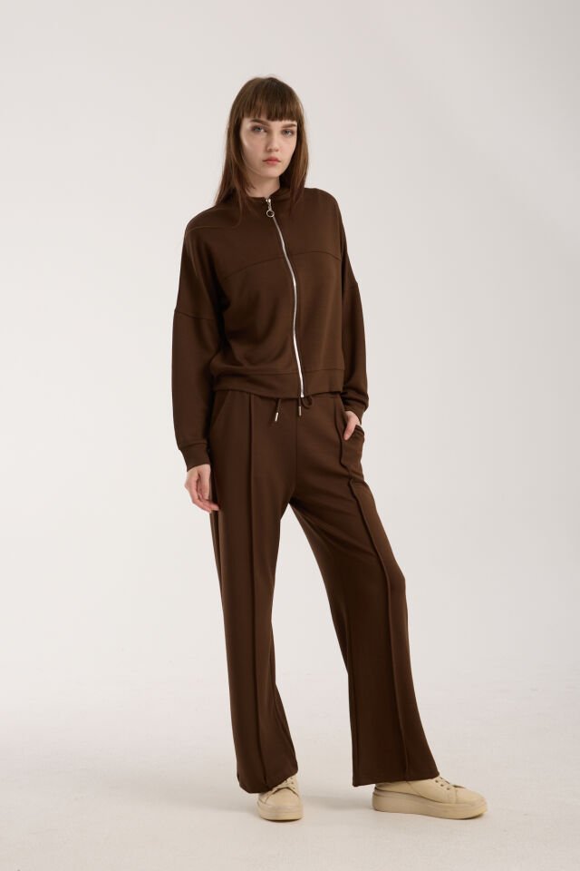 Kadın Hakim Yaka Fermuarlı Modal Kumaş Alt Üst Takım 2371 XL - KAHVERENGİ