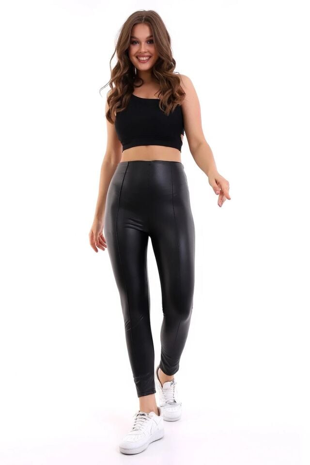 Ön Dikişli Yüksek Bel Suni Deri Tayt XL - SİYAH