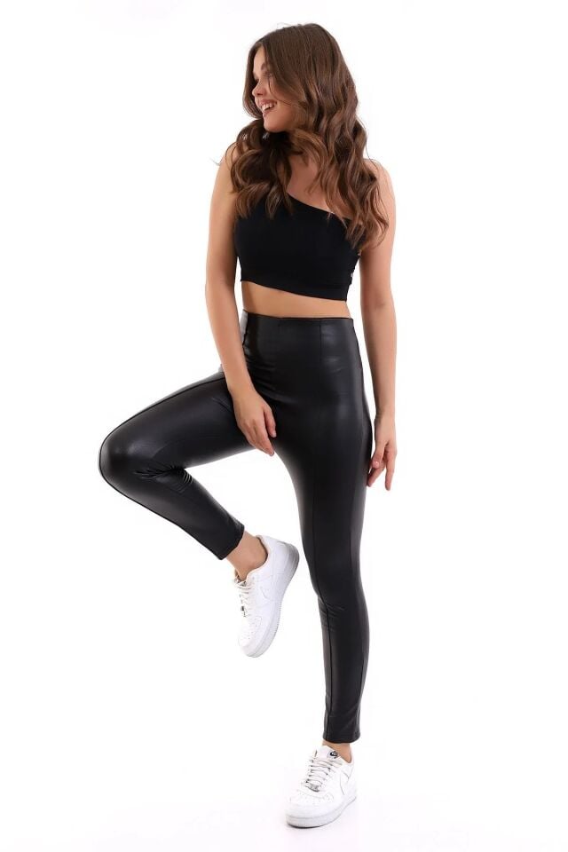 Ön Dikişli Yüksek Bel Suni Deri Tayt XL - SİYAH