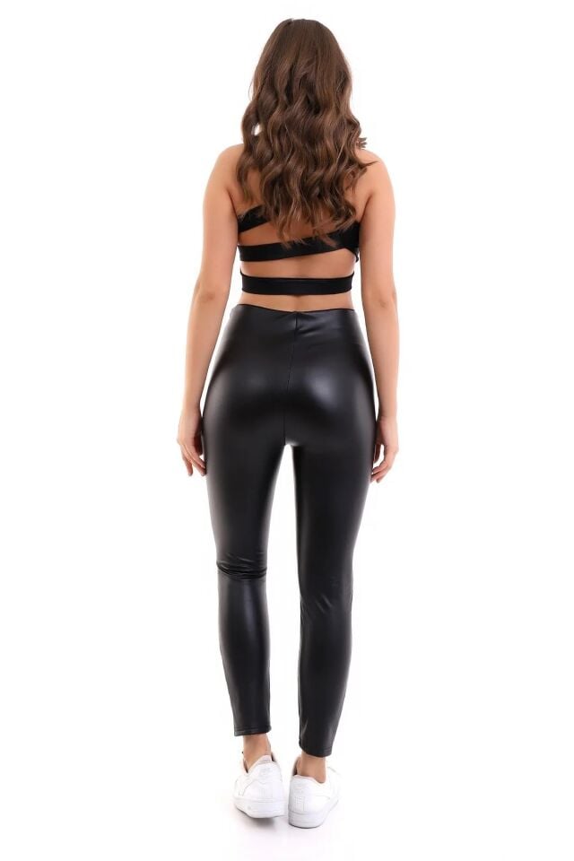 Ön Dikişli Yüksek Bel Suni Deri Tayt XL - SİYAH
