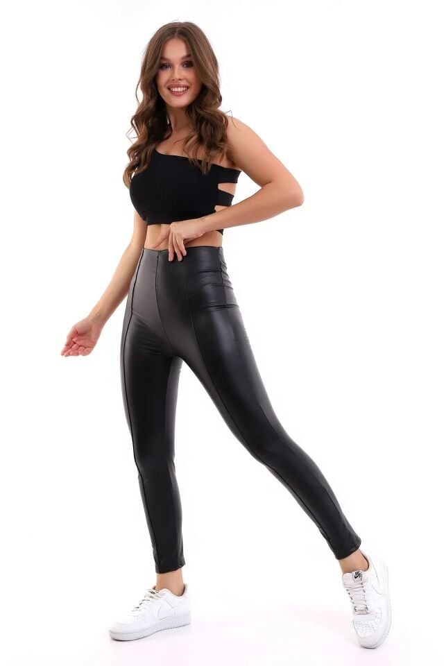 Ön Dikişli Yüksek Bel Suni Deri Tayt XL - SİYAH