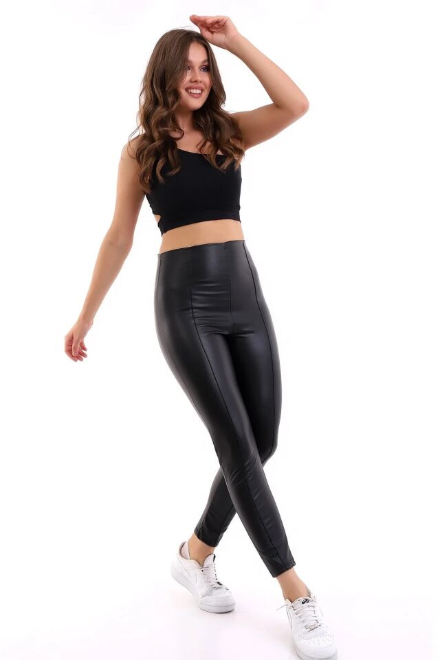 Ön Dikişli Yüksek Bel Suni Deri Tayt XL - SİYAH