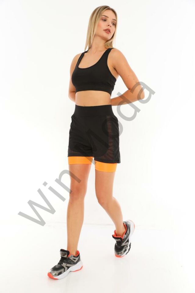 Kadın Fileli Taytlı Şort S - TURUNCU