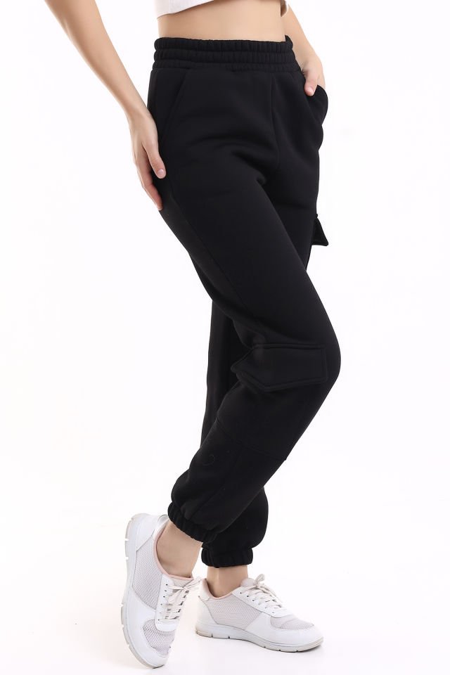 MODERN JOGGER KADIN EŞOFMAN ALTI PAÇA VE YAN KARGO CEPLİ S - SİYAH