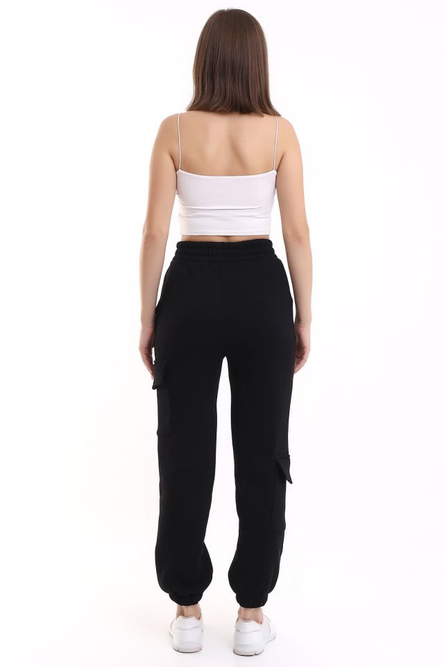 MODERN JOGGER KADIN EŞOFMAN ALTI PAÇA VE YAN KARGO CEPLİ S - SİYAH