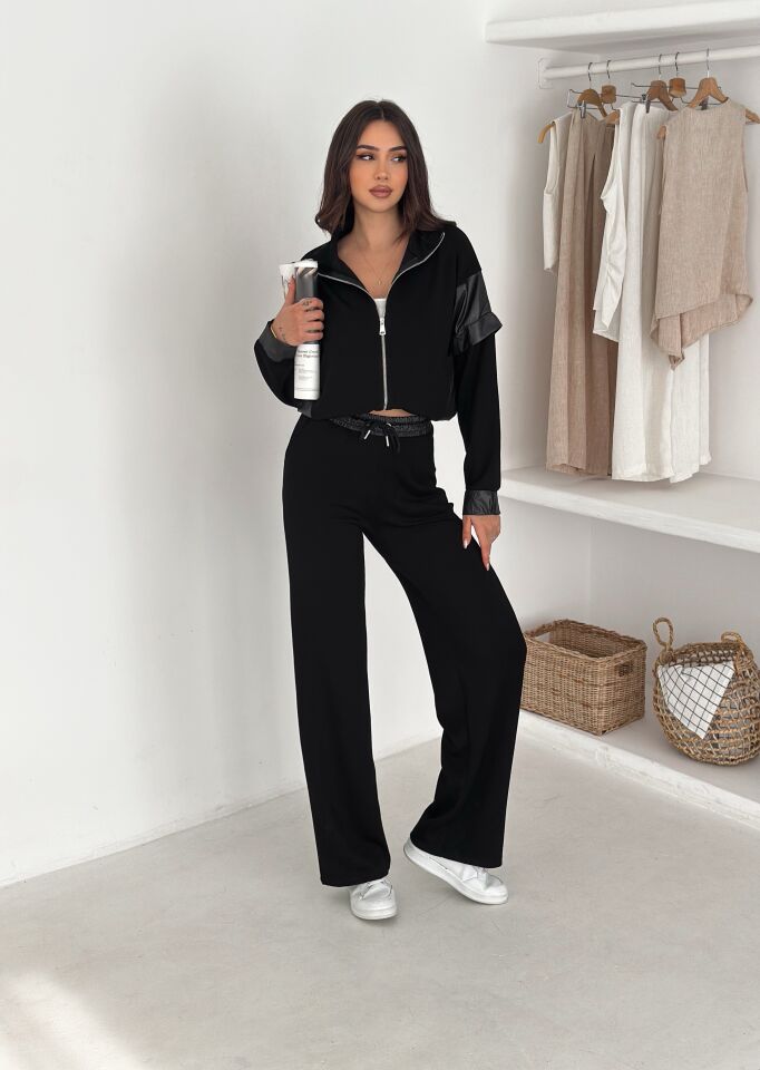 Kadın Garnili Modal Kumaş Baggy Eşofman Altı 2605 XL - SİYAH