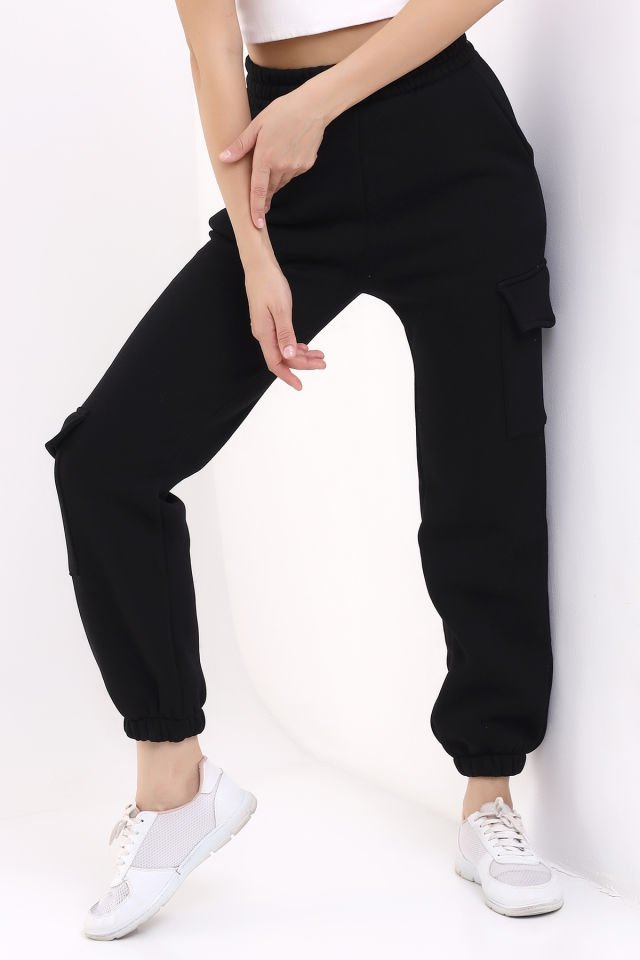 MODERN JOGGER KADIN EŞOFMAN ALTI PAÇA VE YAN KARGO CEPLİ M - SİYAH
