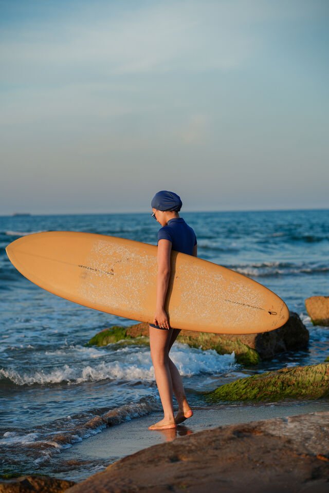 Kadın Kısa Tulum Boneli Tayt Model Tulum Mayo M - MAVİ