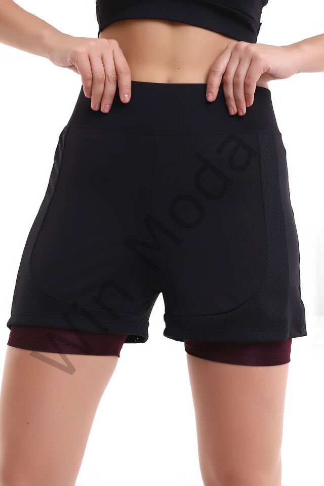 Fileli Taytlı Şort M - BORDO